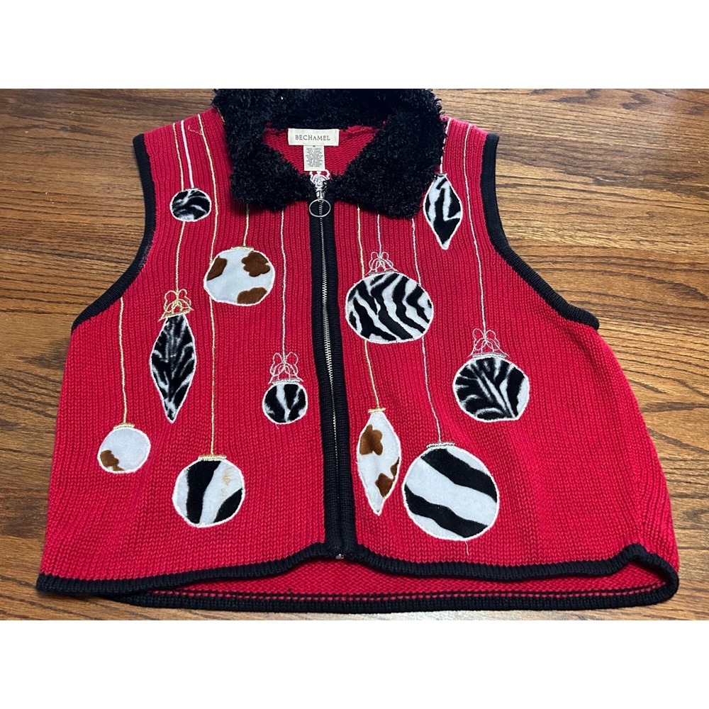 Bechamel Red Animal Print Ornament Knit Sweater Vest Faux Fur Collar Zip Up M
